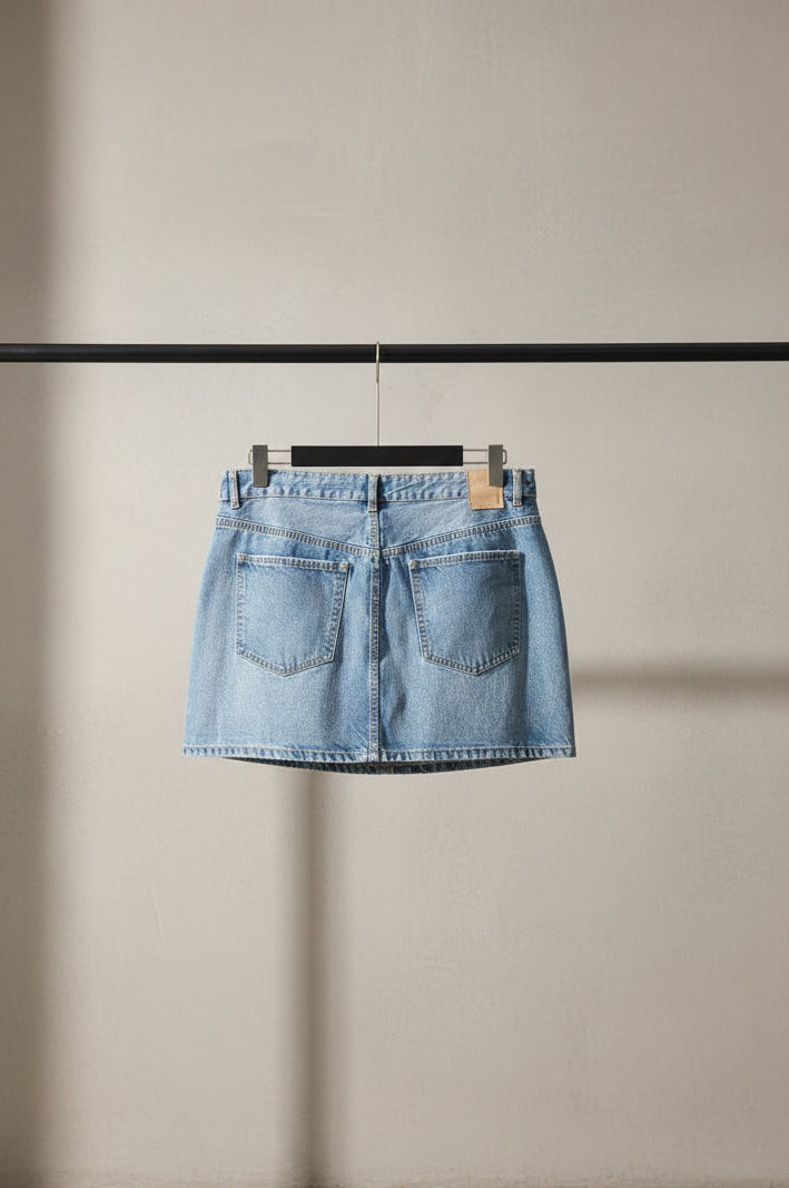 Light blue denim mini skirt shown from the back, hanging on a wooden hanger against a solid red background.