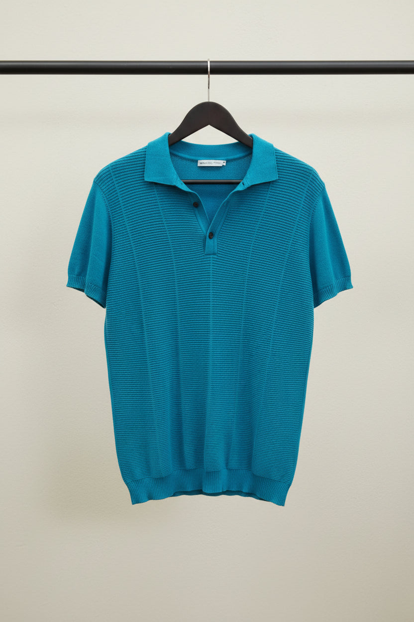 ZARA Men's Teal Ribbed Knit Polo Shirt