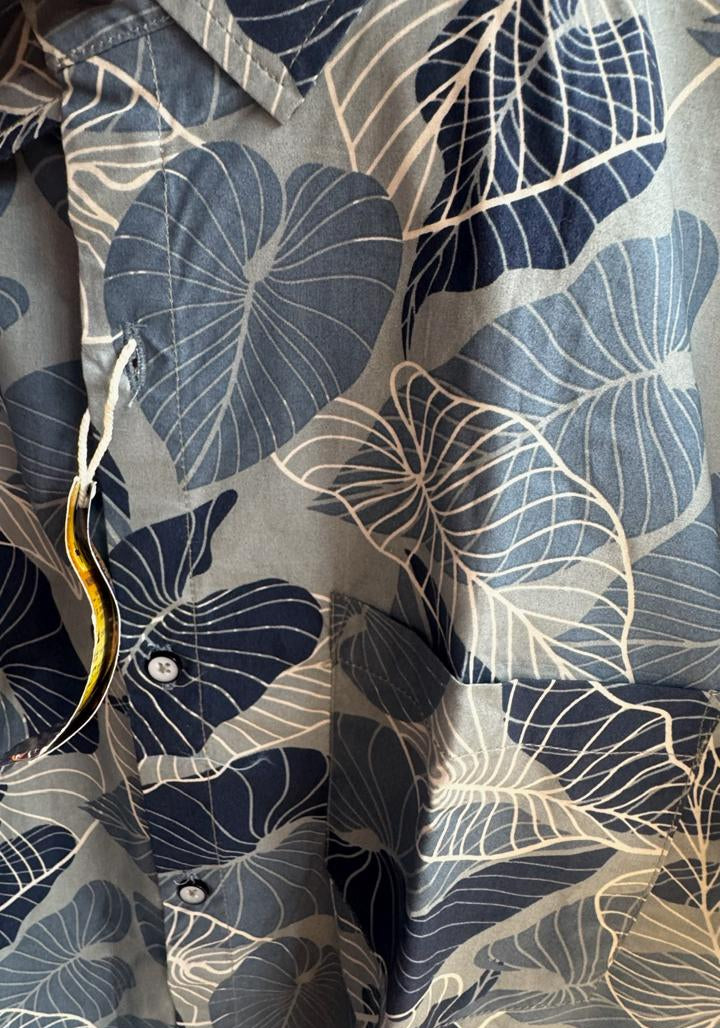 Men's Blue Leaf Print Short Sleeve Casual Shirt