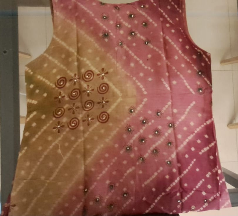 Multicolor Bandhani Sleeveless Kurti with Mirror Work