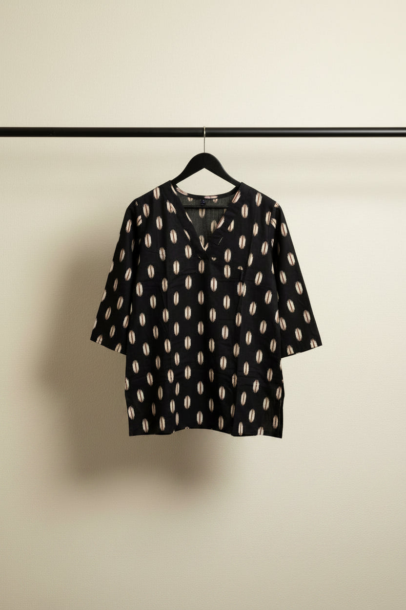 Black Printed V-Neck 3/4 Sleeve Kurta