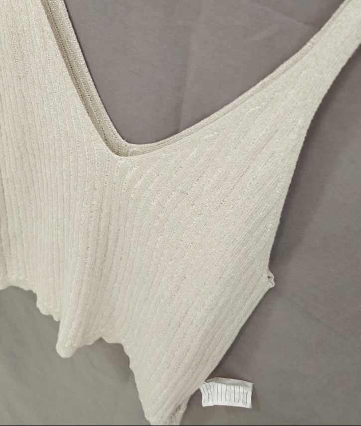 Women's Beige Ribbed Knit V-Neck Tank Top