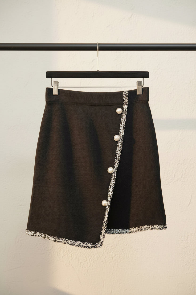 Black Asymmetric Mini Skirt with Pearl Buttons and Tweed Trim