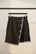 Black Asymmetric Mini Skirt with Pearl Buttons and Tweed Trim