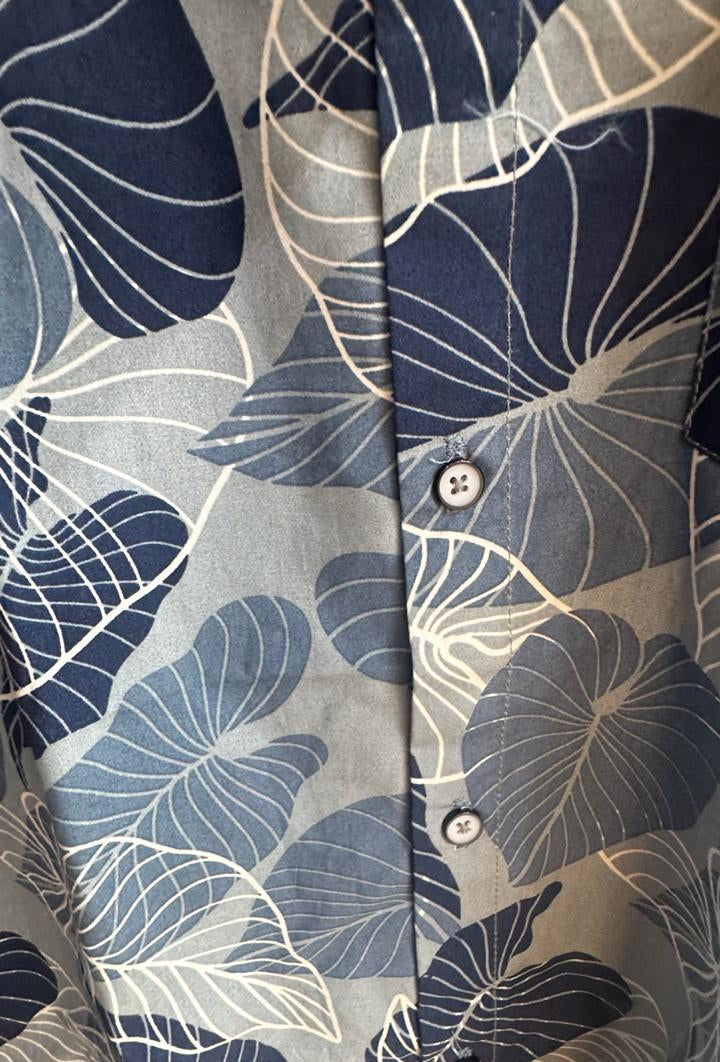 Men's Blue Leaf Print Short Sleeve Casual Shirt
