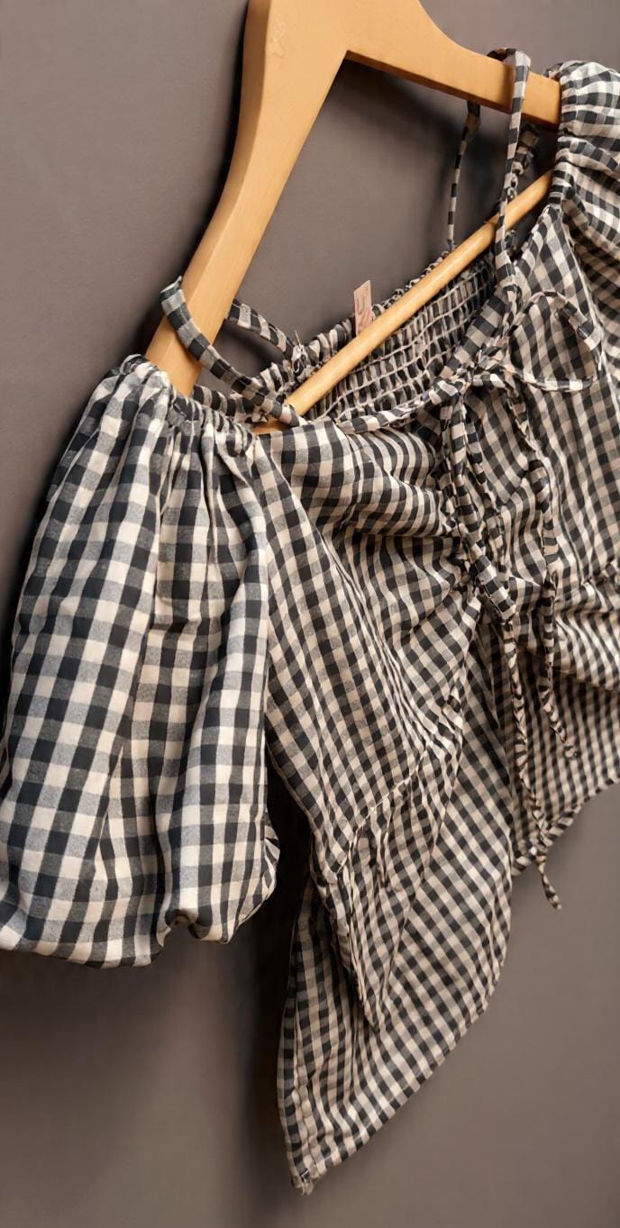Women's Black & White Gingham Off-Shoulder Peplum Top
