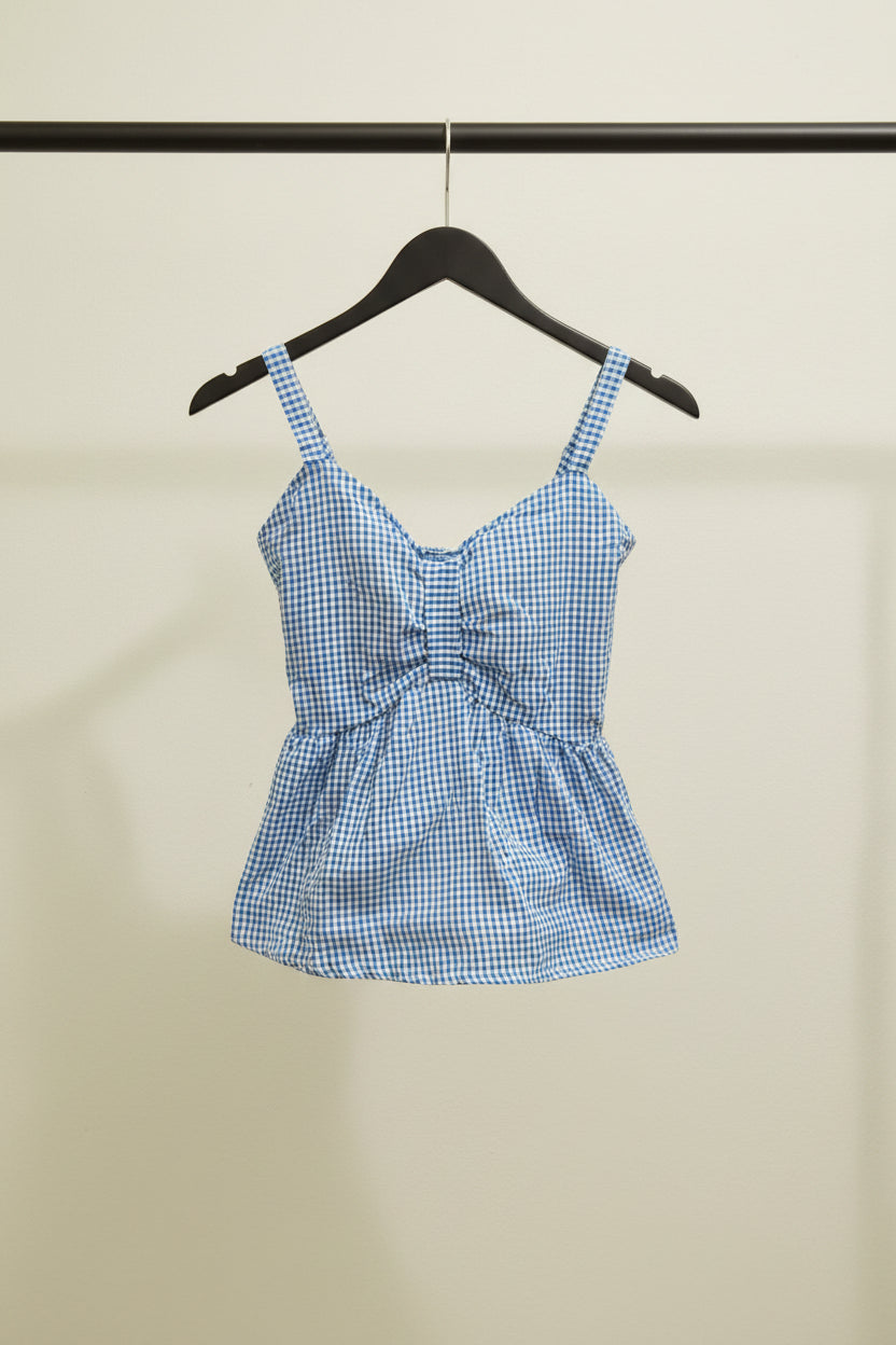 Blue and White Gingham Peplum Cami Top