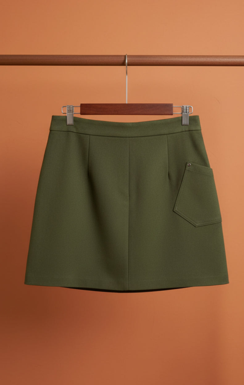 R&K Women's Olive Green A-Line Mini Skirt with Pocket Detail