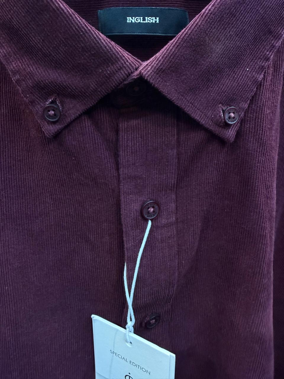 INGLISH Men's Maroon Corduroy Long Sleeve Button-Down Shirt