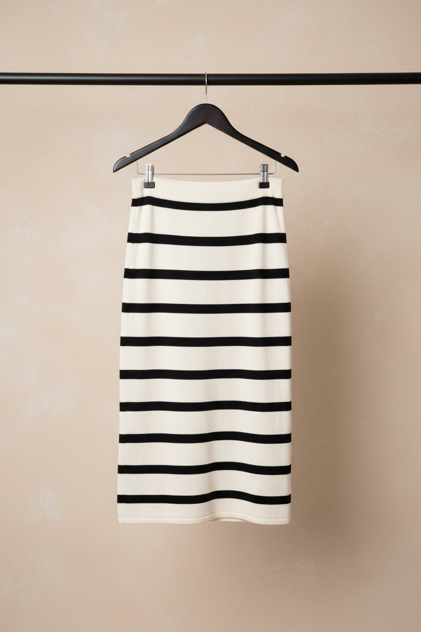 Women's Black and Off-White Striped Knit Midi Skirt
