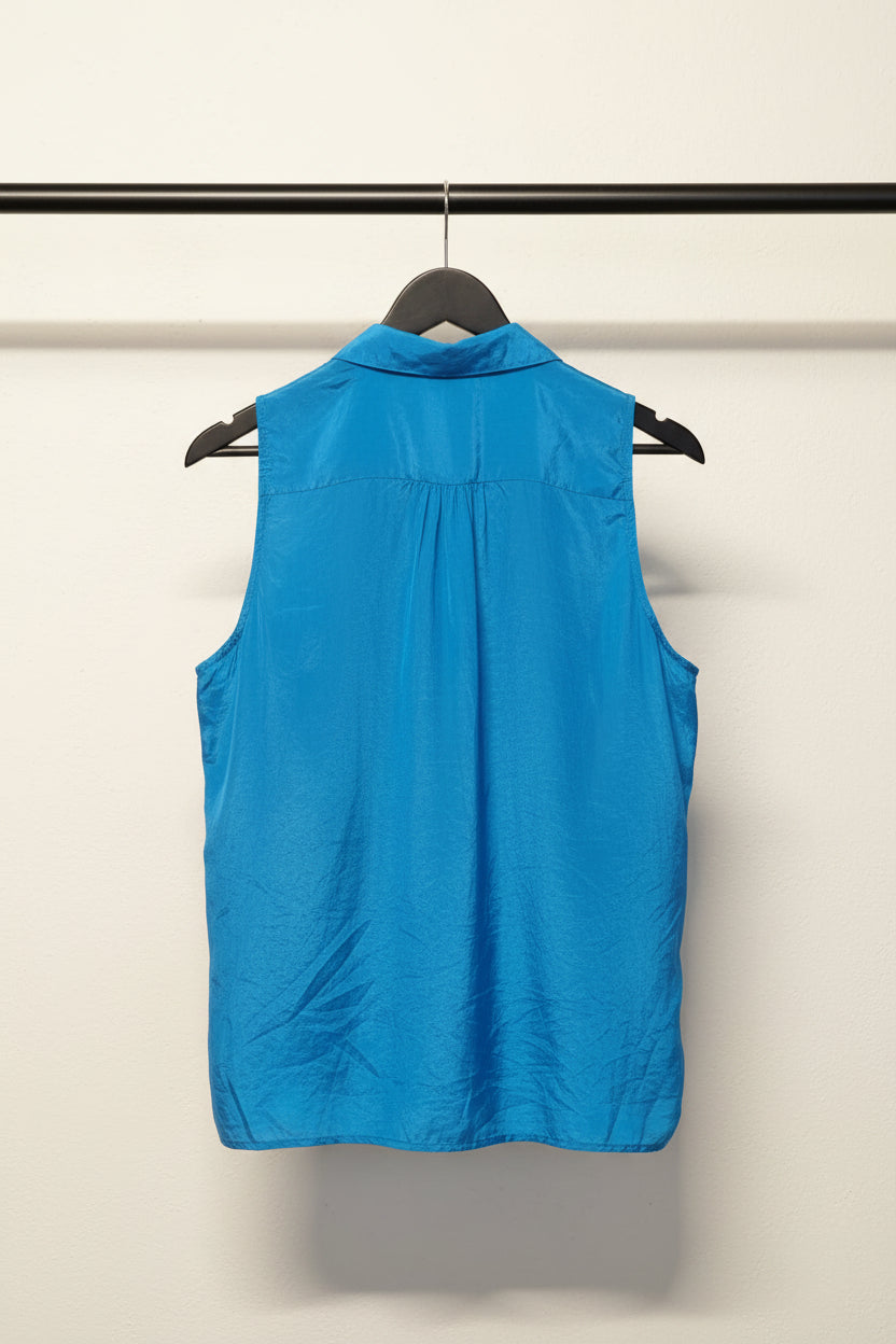 Ann Taylor Petite Royal Blue Sleeveless Collared Button-Up Top
