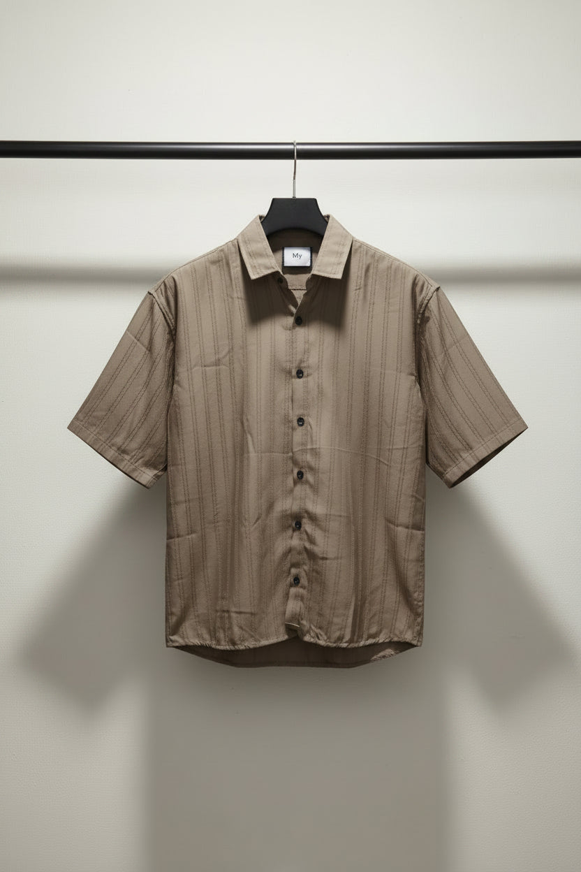 M7 Men's Brown Striped Short Sleeve Casual Shirt