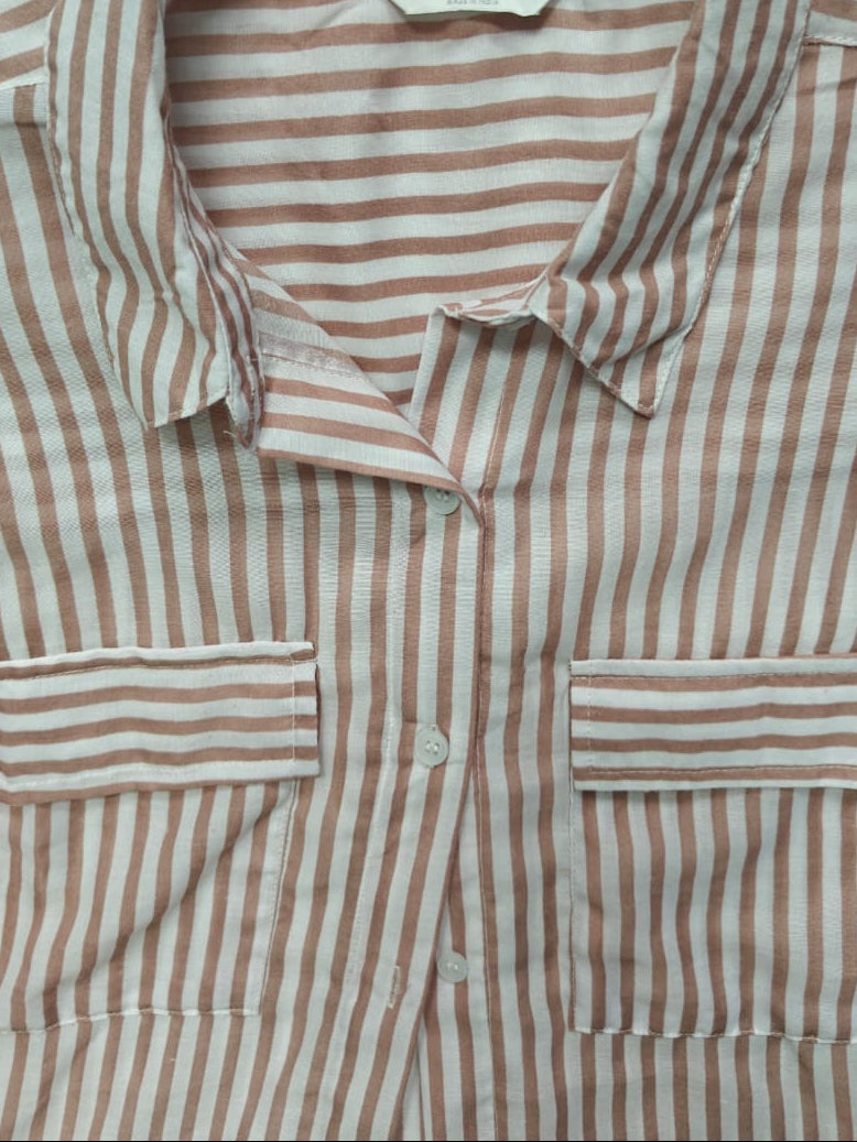 LUCKY BRAND Women's White and Brown Striped Long Sleeve Button-Up Shirt