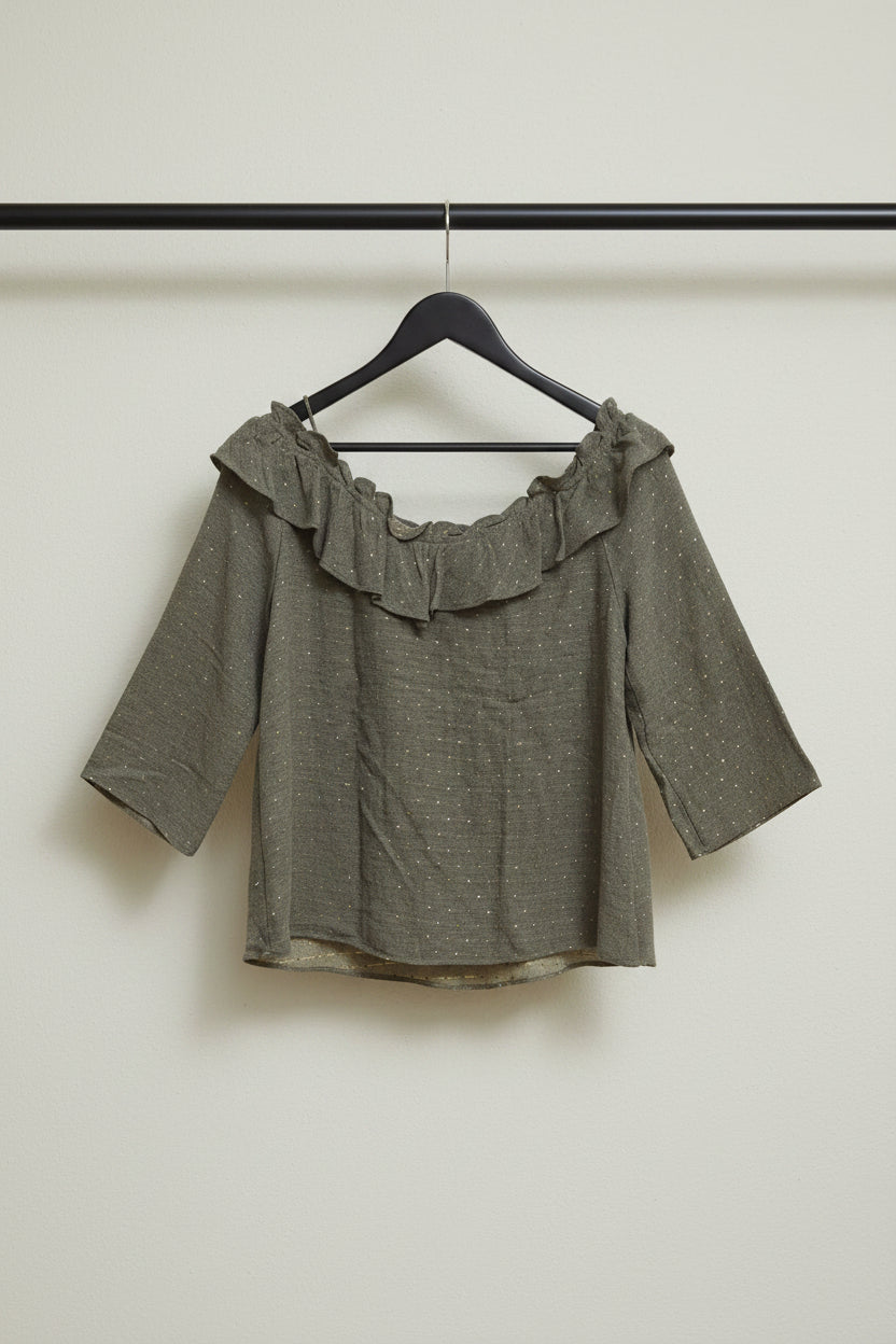 Zara Basic Collection Grey Off-Shoulder Ruffle Top with Gold Speckles