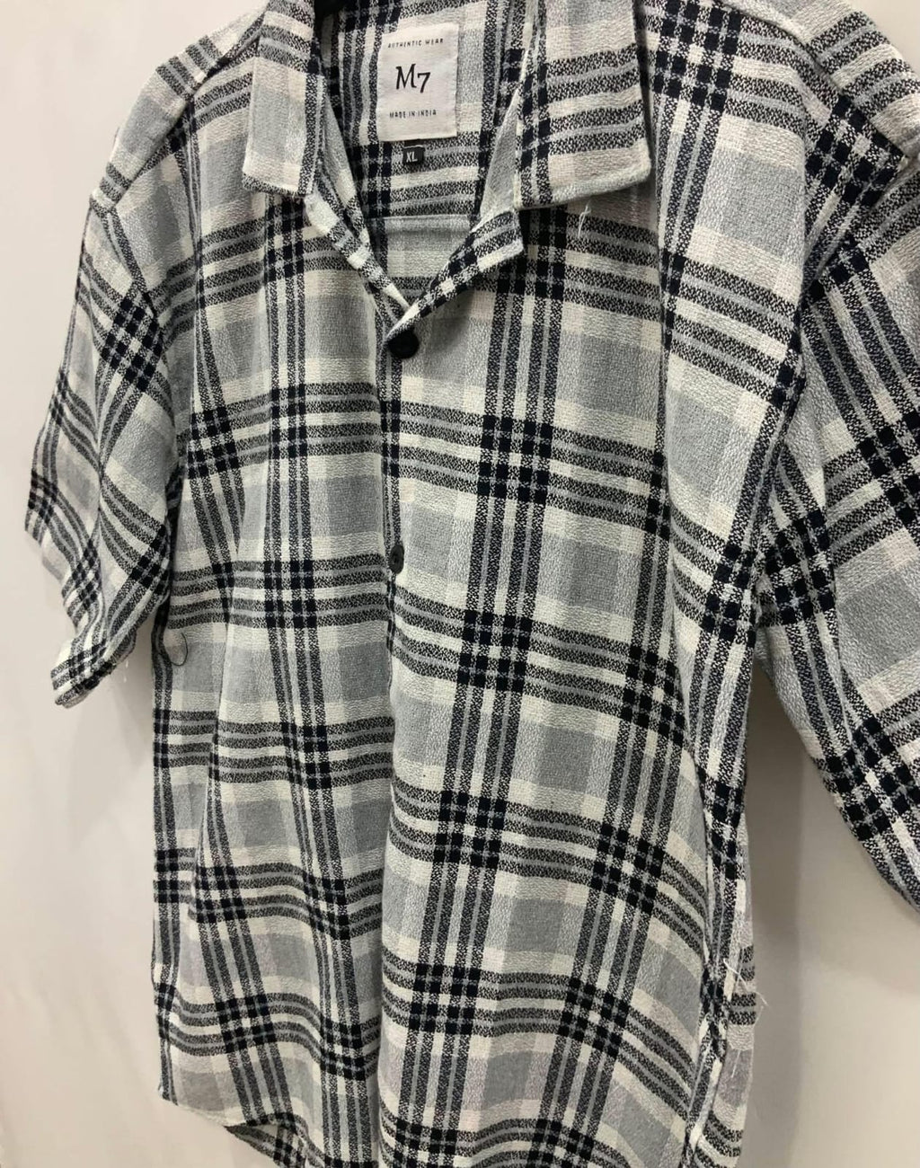 M7 Men's Grey and Black Plaid Short Sleeve Casual Shirt