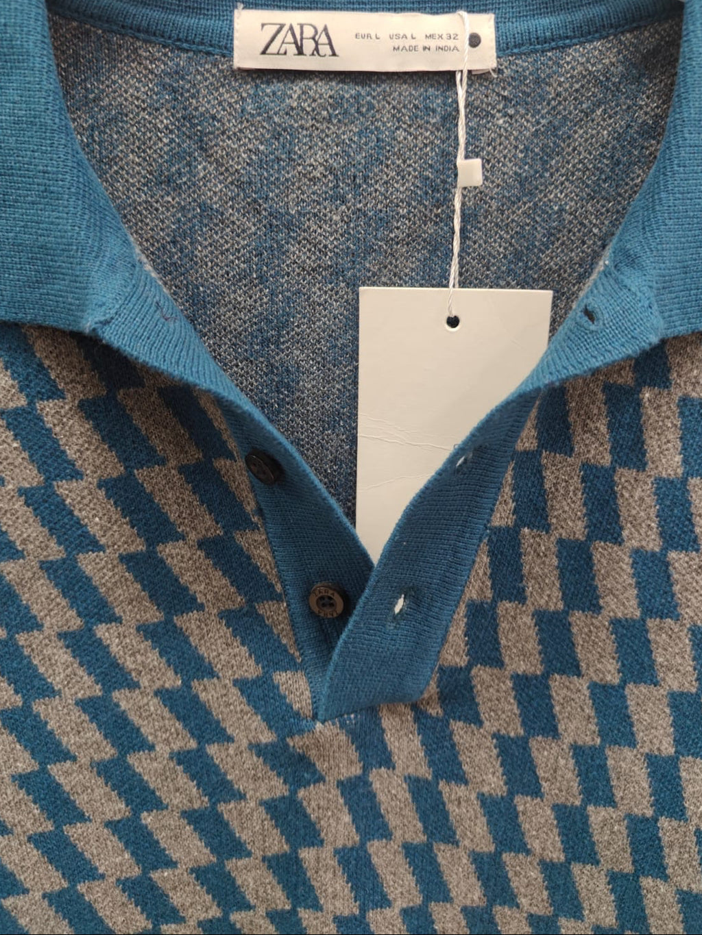 Zara Men's Blue & Grey Geometric Knit Polo Shirt