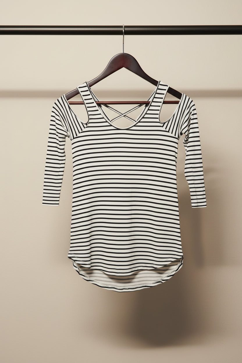 Nuon Women's Black and White Striped Cold Shoulder Top