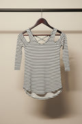 Nuon Women's Black and White Striped Cold Shoulder Top