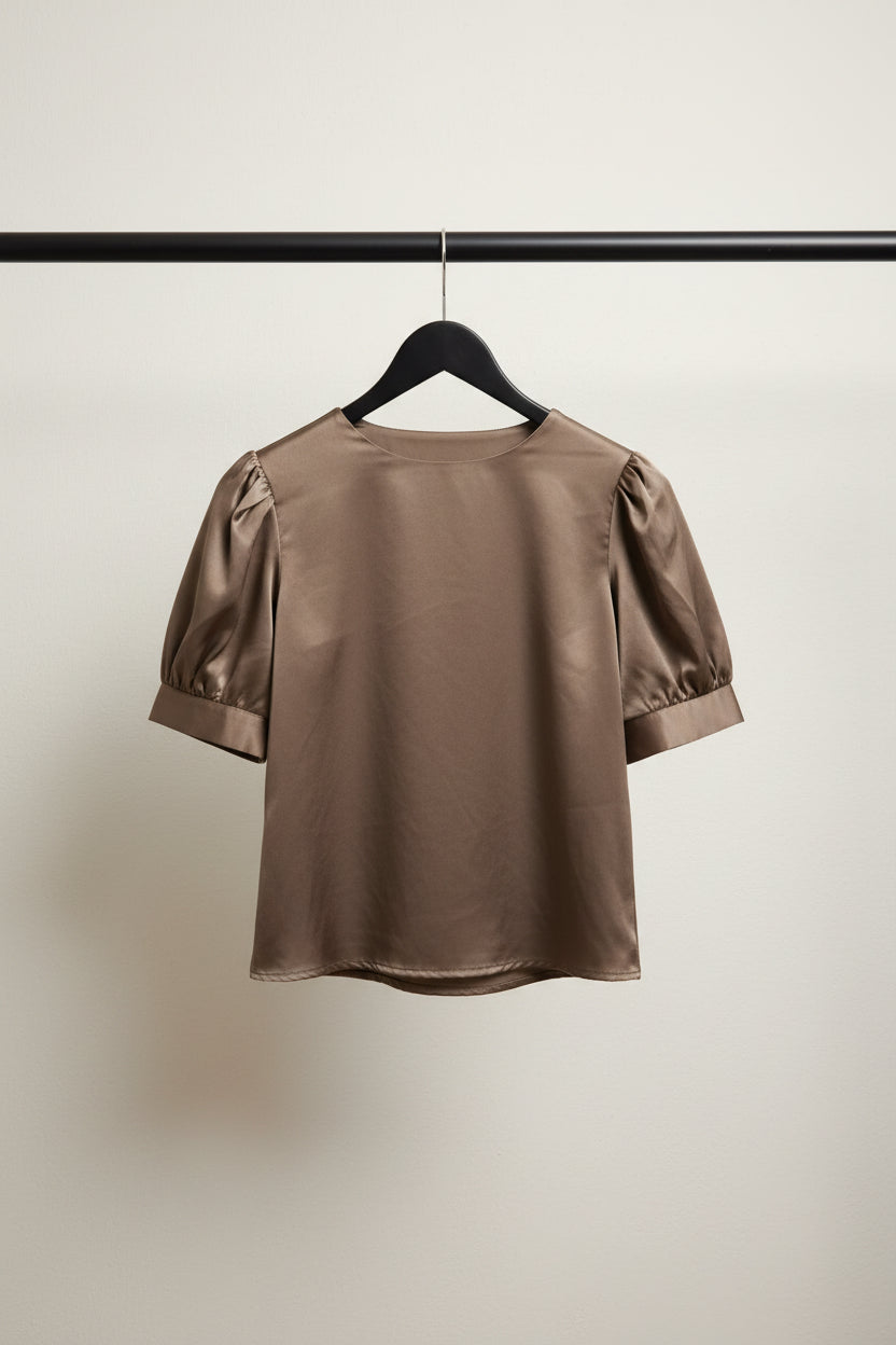 Women's Brown Satin V-Neck Puff Sleeve Blouse