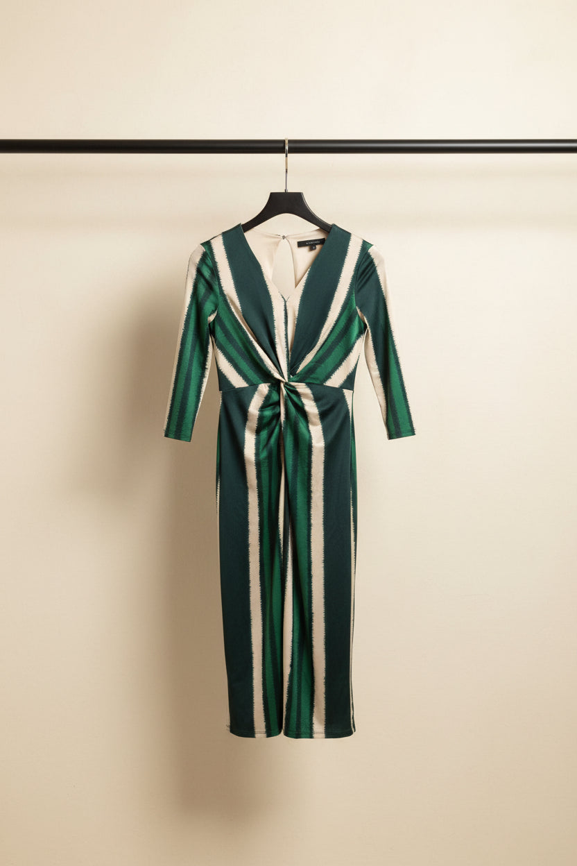 Wardrobe Green & Beige Striped Knot Front Midi Dress