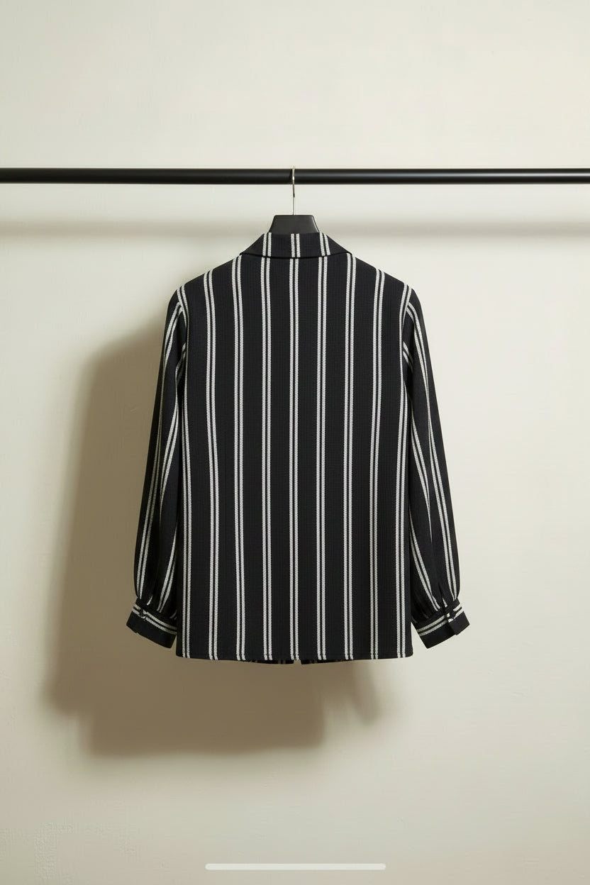 Women's Black and White Striped Full Sleeve Collared Shirt
