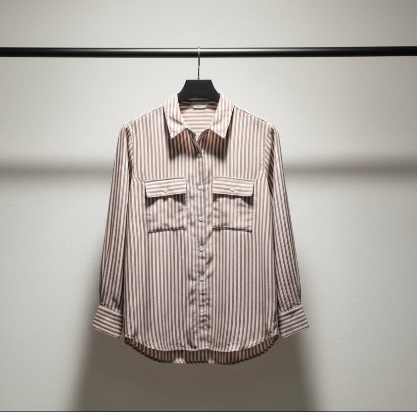 LUCKY BRAND Women's White and Brown Striped Long Sleeve Button-Up Shirt