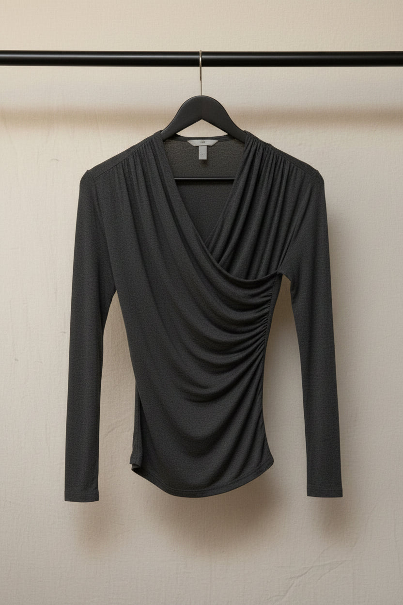 H&M Women's Dark Grey Draped Wrap Long Sleeve Top