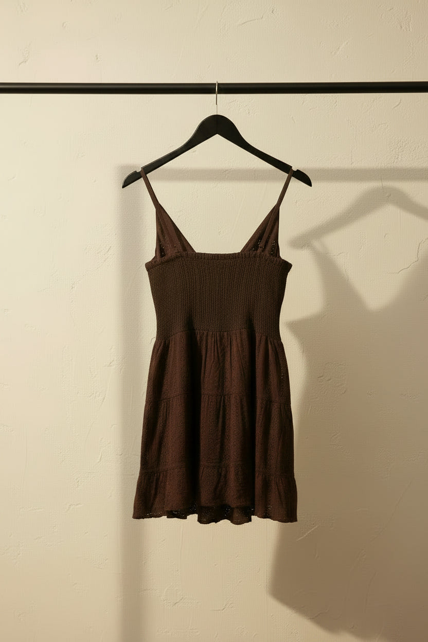 Angie Women's Brown Rayon Eyelet Tiered Mini Dress
