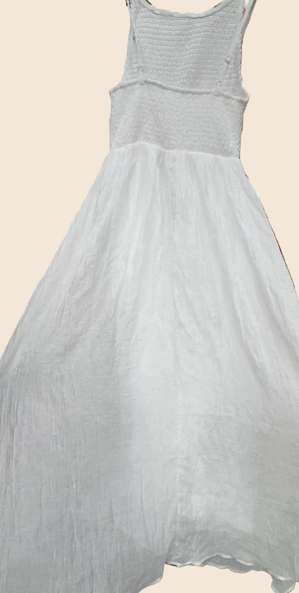 White Shirred Bodice Crinkle Maxi Dress