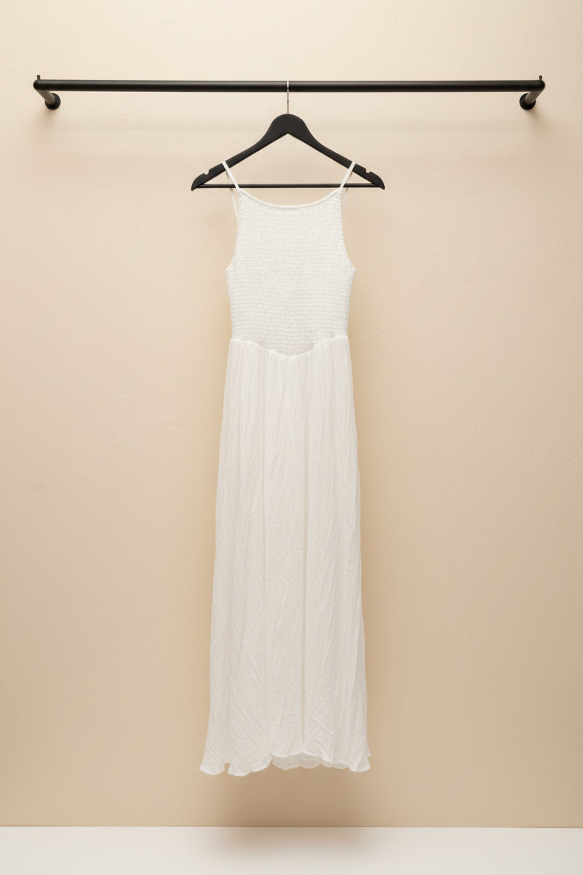 White Shirred Bodice Crinkle Maxi Dress