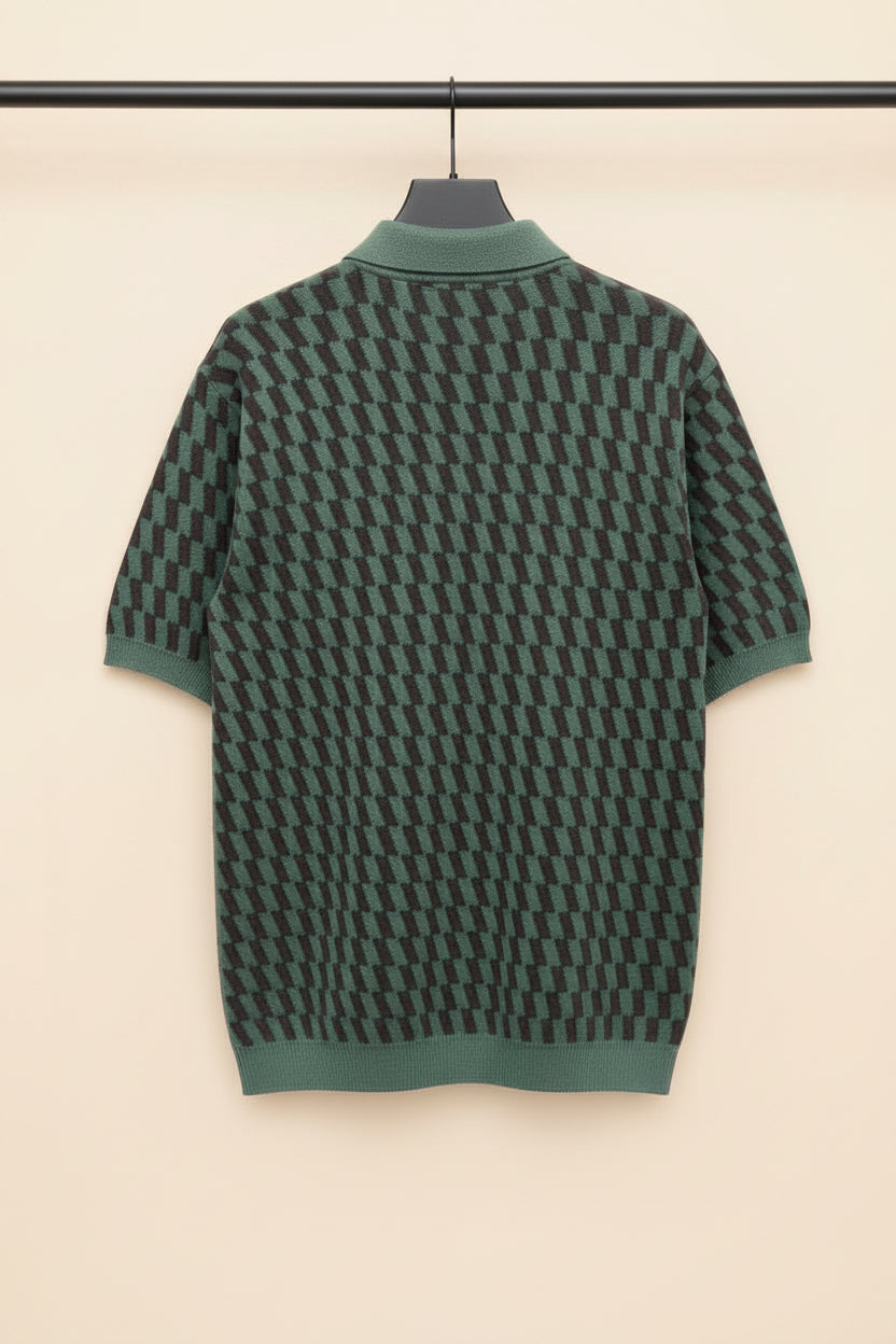 Zara Men's Green and Black Geometric Knit Polo Shirt