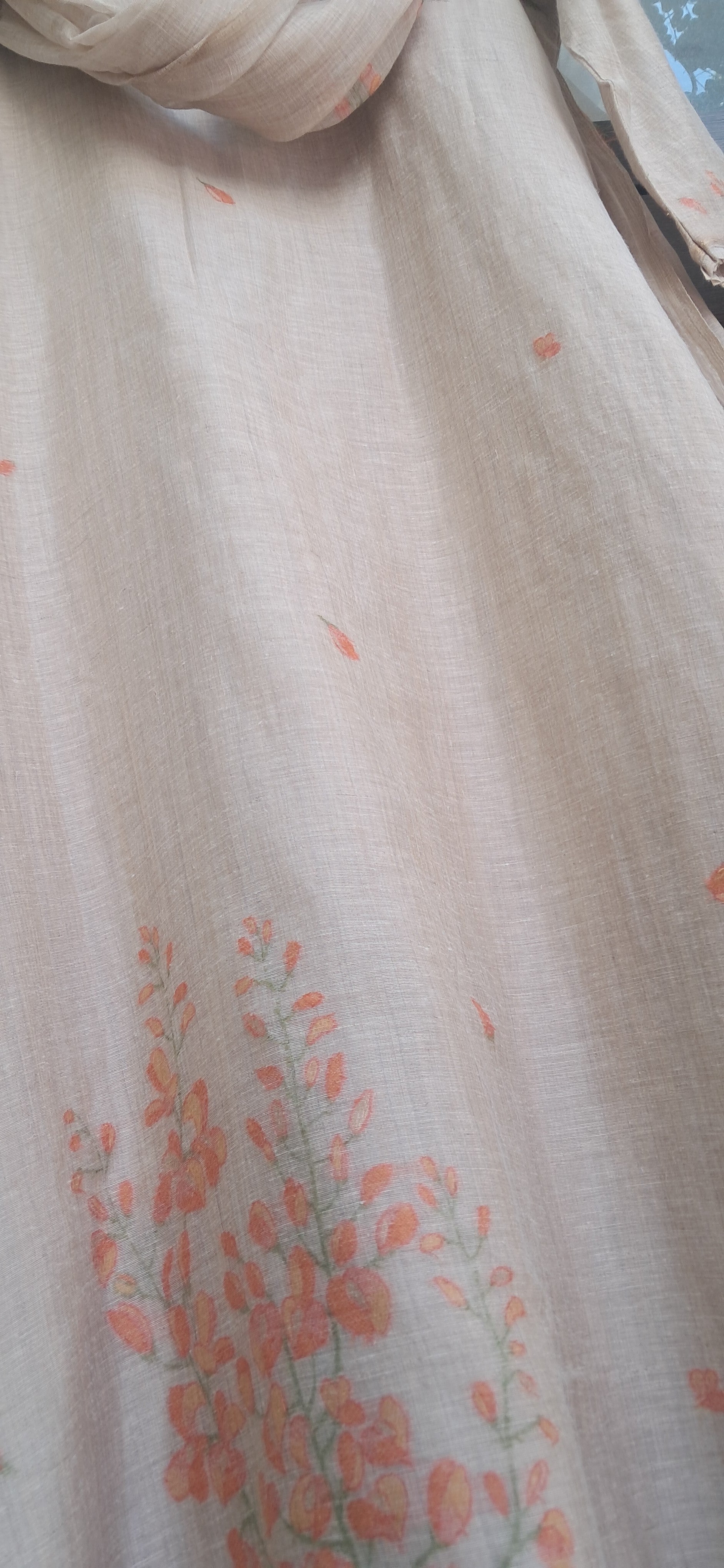 Elegant Beige Linen Blend Kurta with Orange Floral Embroidery and Matching Dupatta