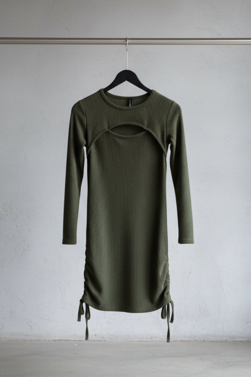LILLEAGLE Women's Olive Green Waffle Knit Cutout Ruched Midi Dress