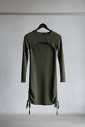 LILLEAGLE Women's Olive Green Waffle Knit Cutout Ruched Midi Dress
