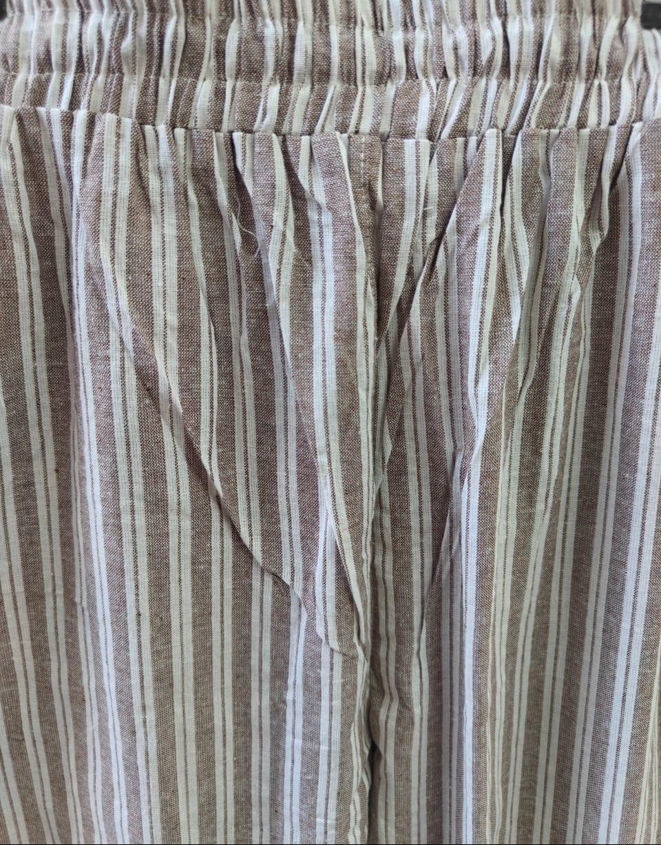 Women's Brown and White Striped Linen Blend Wide Leg Pants