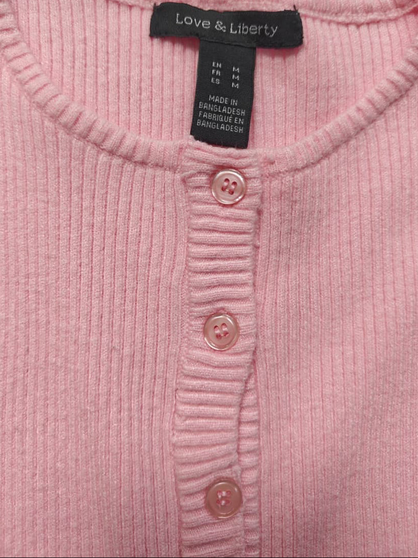 Love & Liberty Pink Ribbed Short Sleeve Button-Front Top