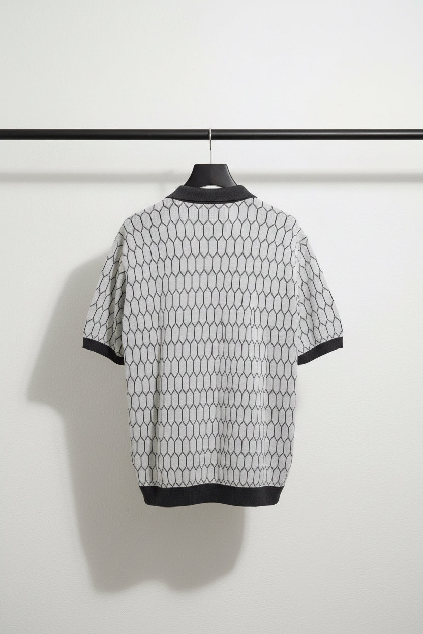 Zara Men's White & Black Hexagonal Pattern Knit Polo Shirt