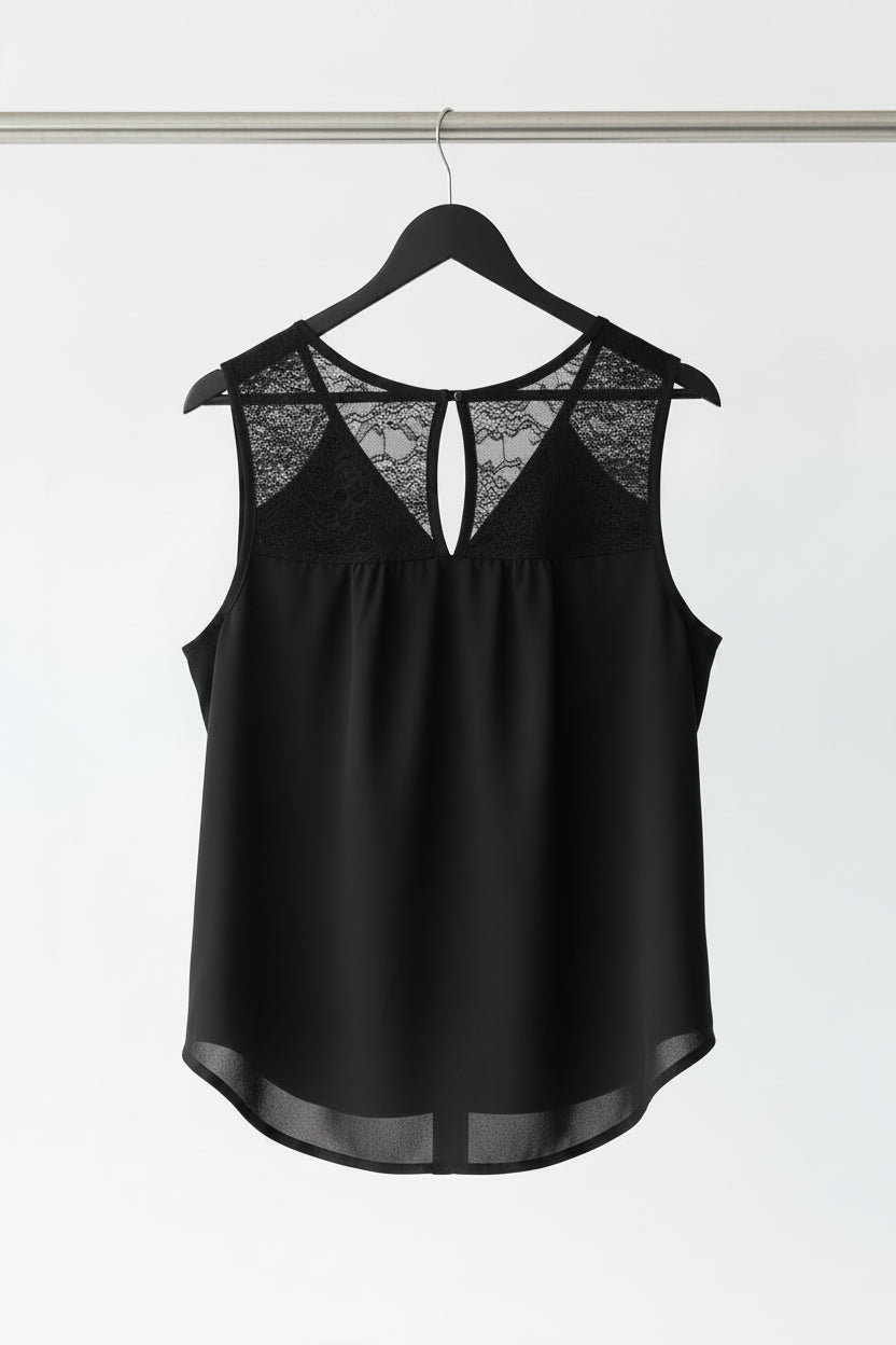 Women's Black Sleeveless V-Neck Top with Lace Shoulders