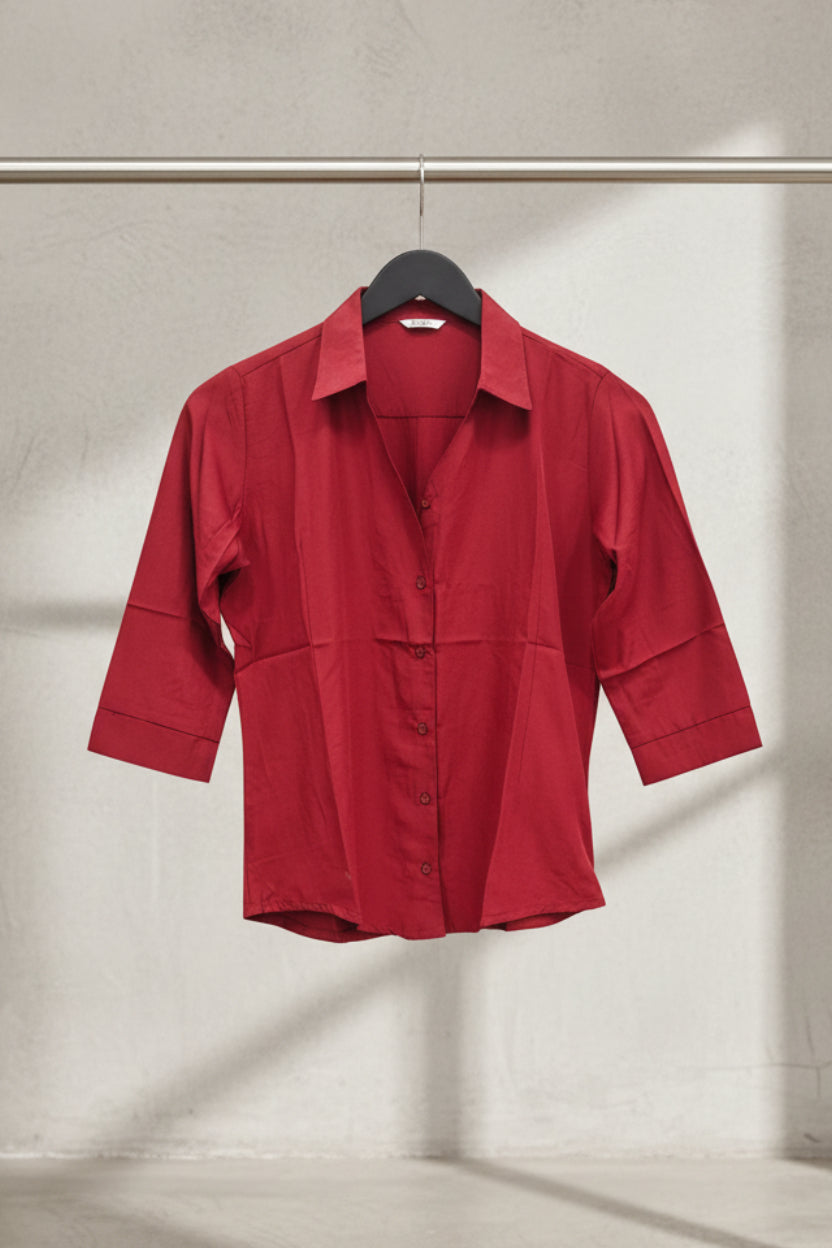 Women's Red 3/4 Sleeve Collared Shirt