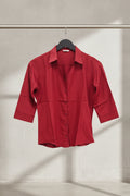 Women's Red 3/4 Sleeve Collared Shirt