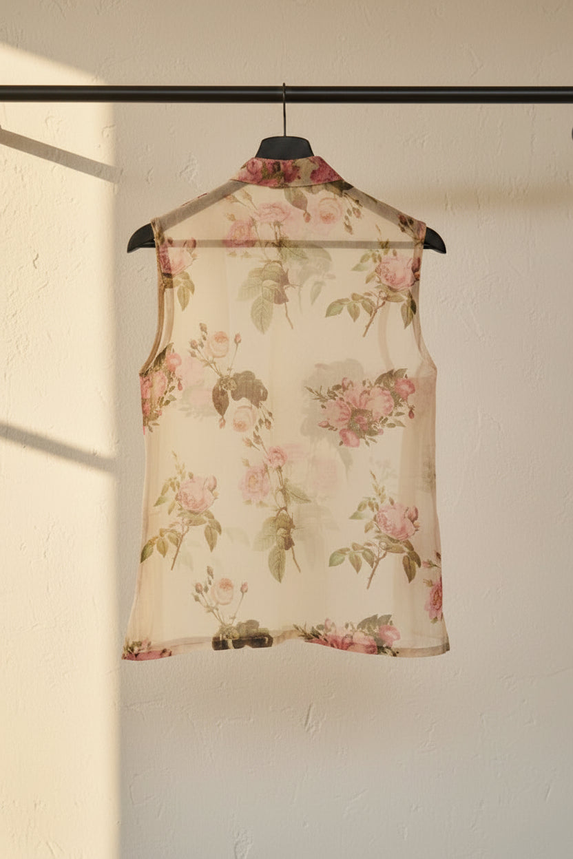 A sleeveless sheer white vest with a pink rose floral print, hanging on a wooden hanger against a dark brown wooden slat wall.
