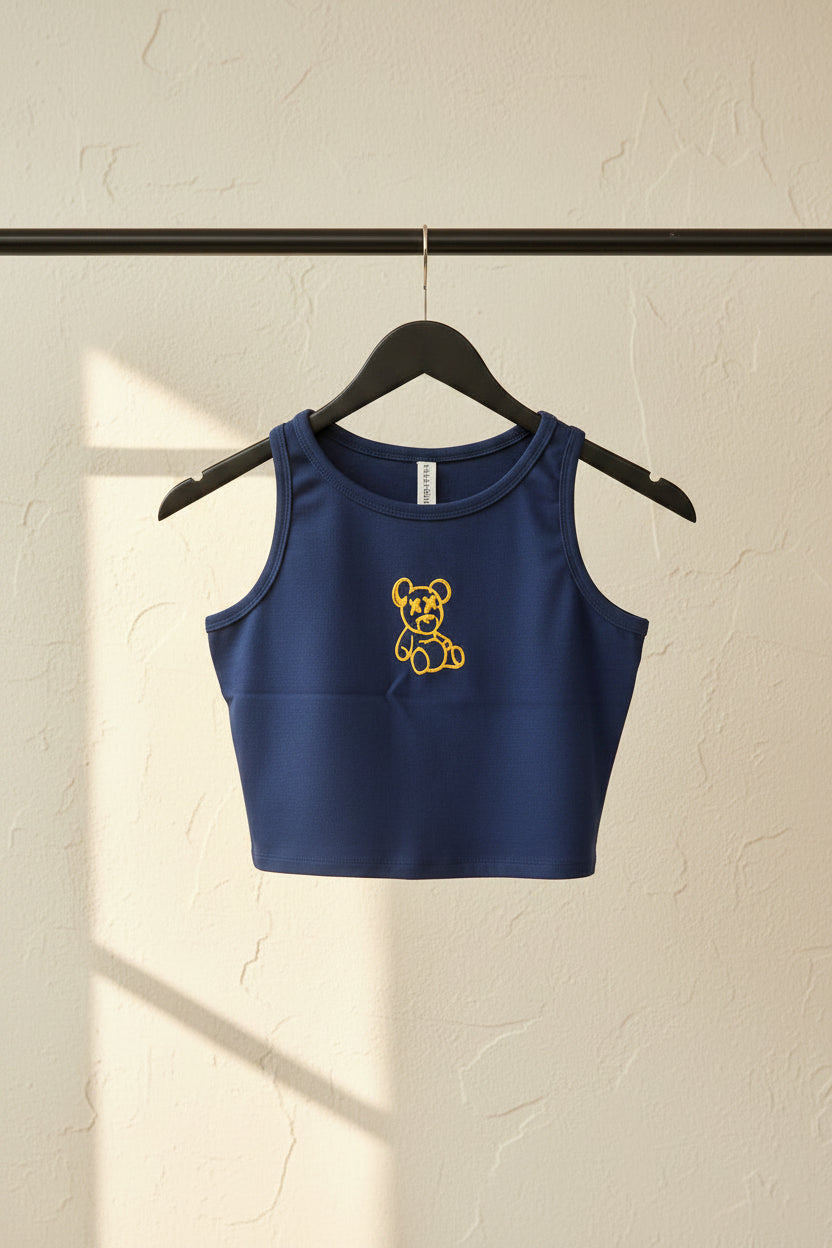 L.L.EAGLE Navy Blue Cropped Tank Top with Teddy Bear Graphic