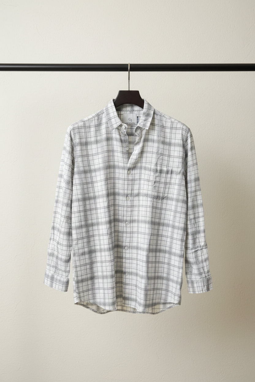 Go Rabbit Men's White & Grey Plaid Waffle Knit Casual Shirt