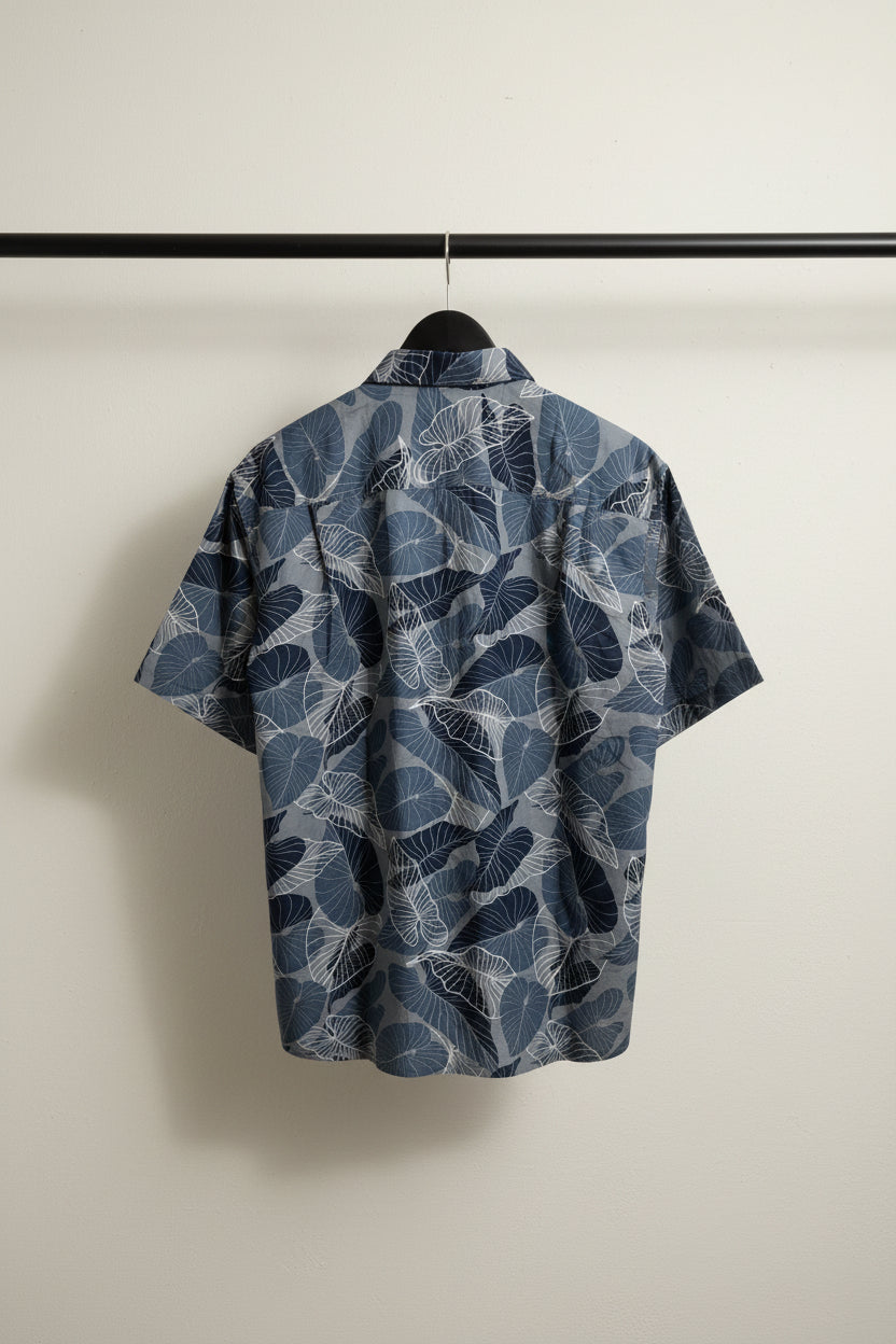 Men's Blue Leaf Print Short Sleeve Casual Shirt