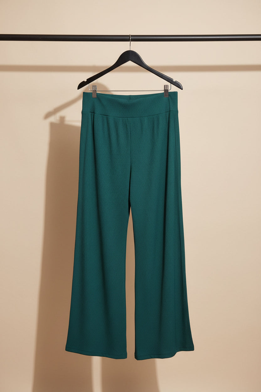 Women's Green Ribbed Wide Leg Pants