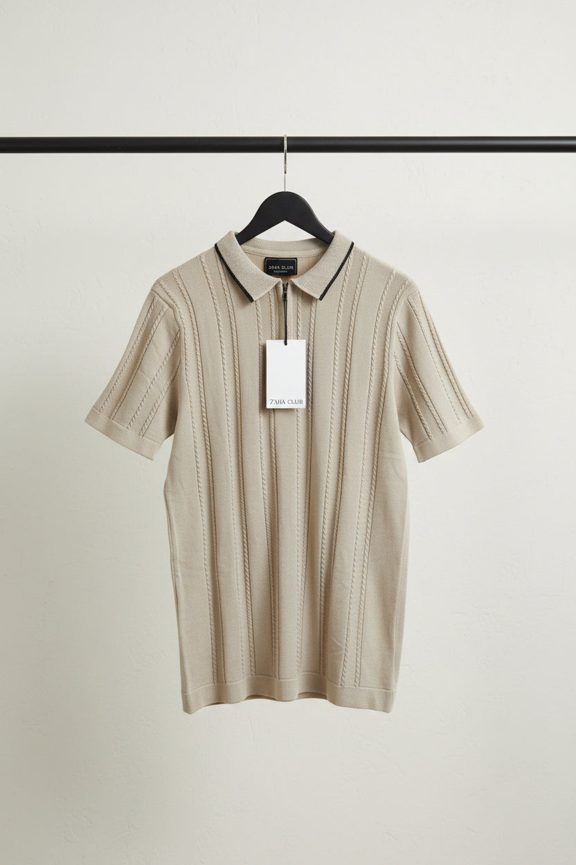 ZERA CLUB Men's Beige Cable Knit Polo Shirt with Zipper