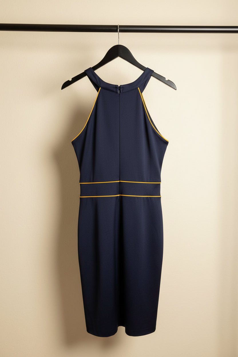 Women's Navy Blue Halterneck Bodycon Mini Dress with Yellow Piping