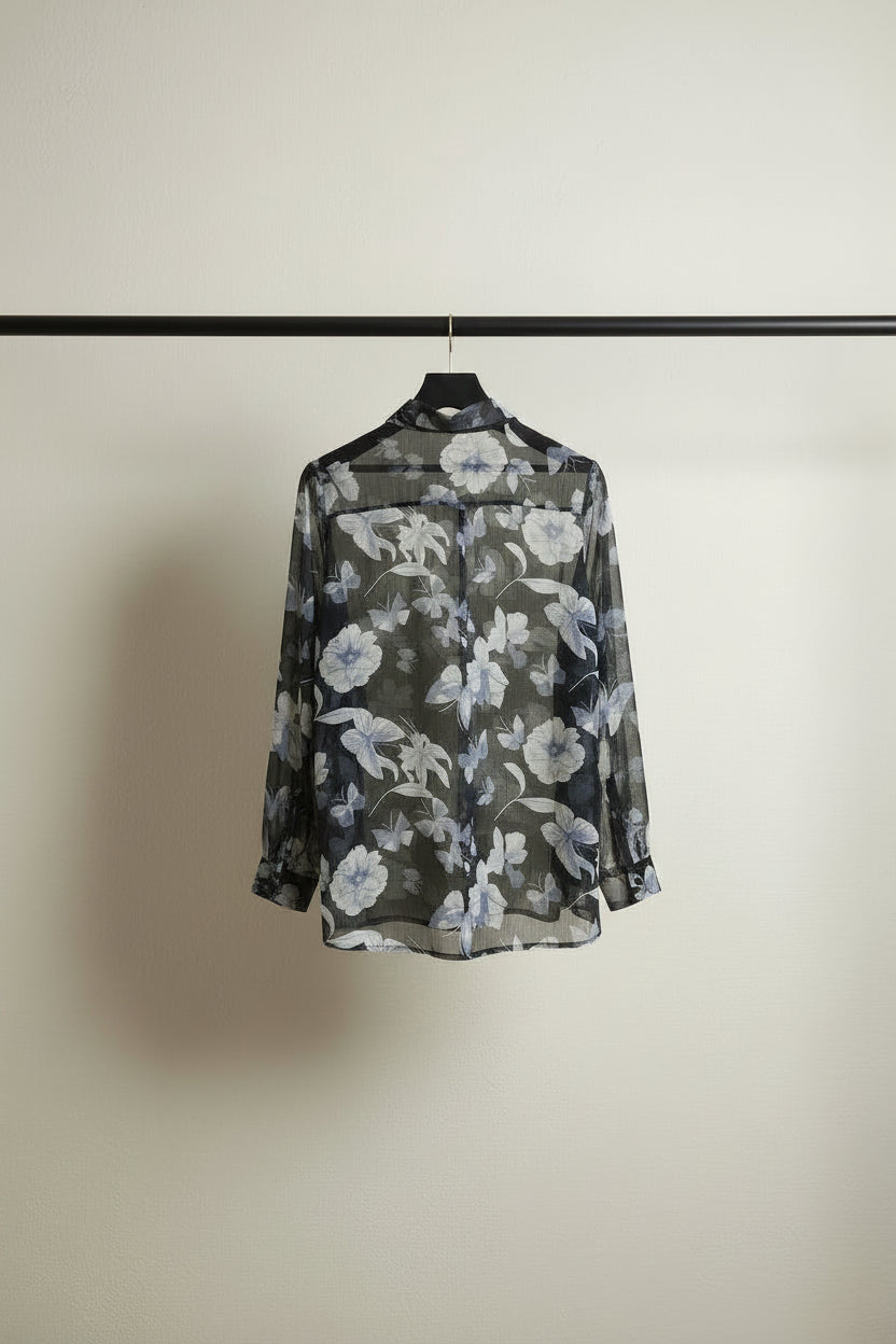 Black and White Floral Butterfly Sheer Button-Up Blouse