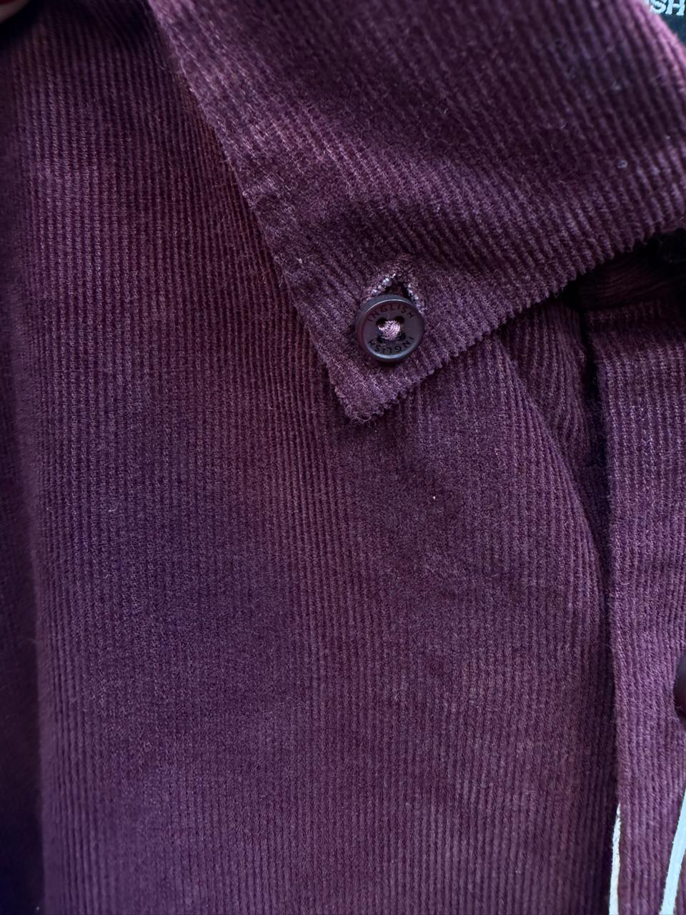 INGLISH Men's Maroon Corduroy Long Sleeve Button-Down Shirt