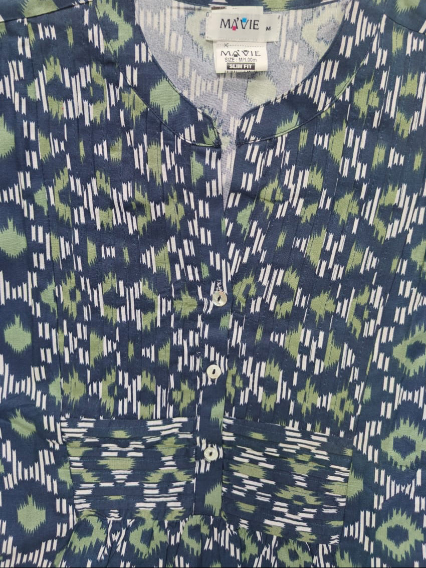 MAVIE Women's Blue & Green Ikat Print Tunic Top